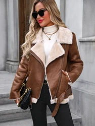 FTLZZ Winter Women Faux Fur Leather Jacket High Street Motorcycle Outwear Casual Lady Thick Warm Leather Jacket