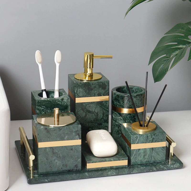 Indian Green Natural Marble Bathroom Set Luxury Gold Soap Dispenser Soap Dish Tissue Box Tray Bathroom Accessories