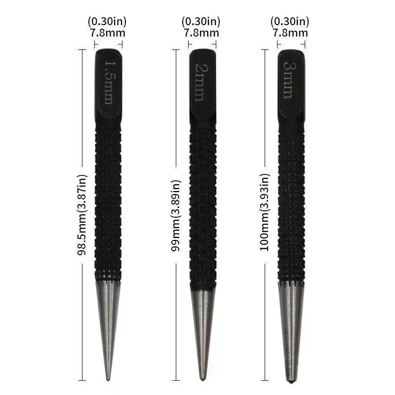 Grade Carbon Steel Center Punch Set Non Slip Grip 3 Sizes for Professional Woodworking Joinery Marking