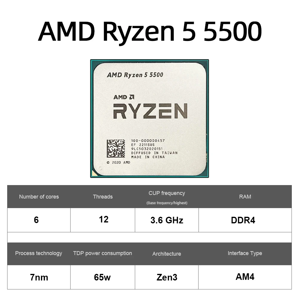 AMD Ryzen 5 5500 Processor Kit Ryzen 6 Core 12 Thread 4.2GHz Zen3 7nm 65W Socket AM4 PC Gamer Processador Ryzen 5500 라이젠