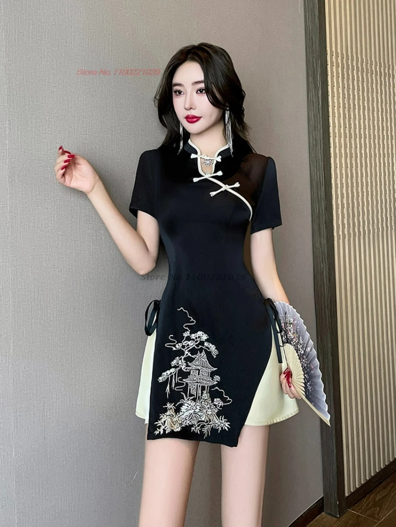 2025 chinese nightclub dress qipao improved cheongsam national flower embroidery a-line qipao dress hotel spa beauty uniform