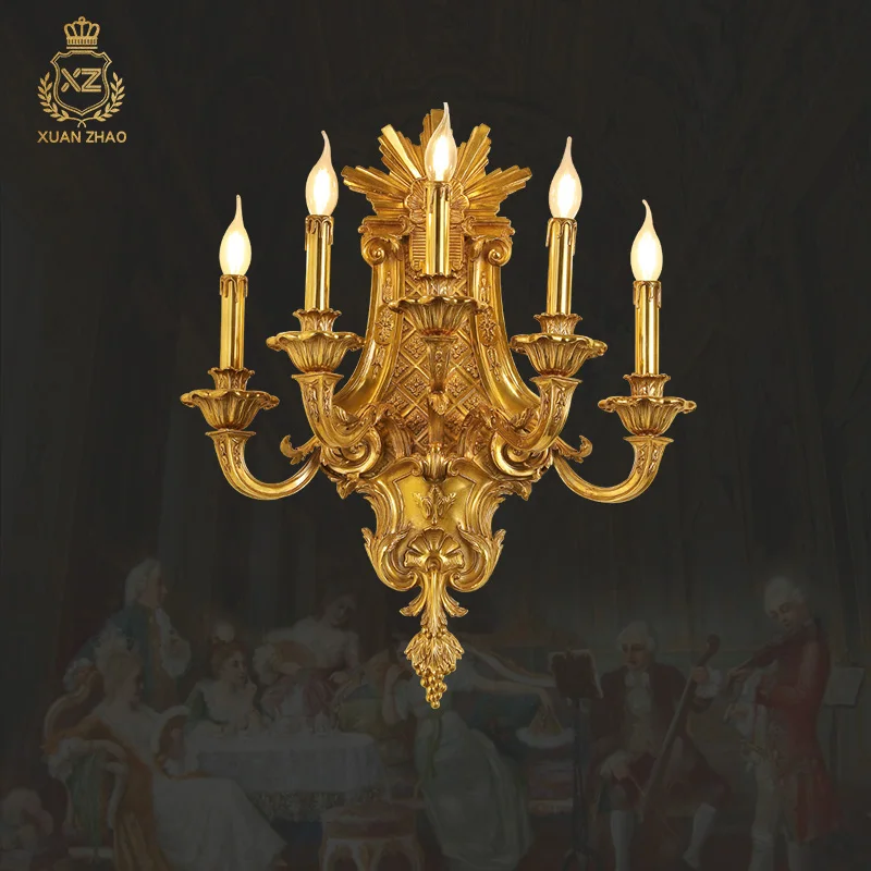 

French All-Copper Luxury Wall Lamp 5 Head Living Room Dining Room Background Decorative Copper Lamp Bedroom Bedside Lamp