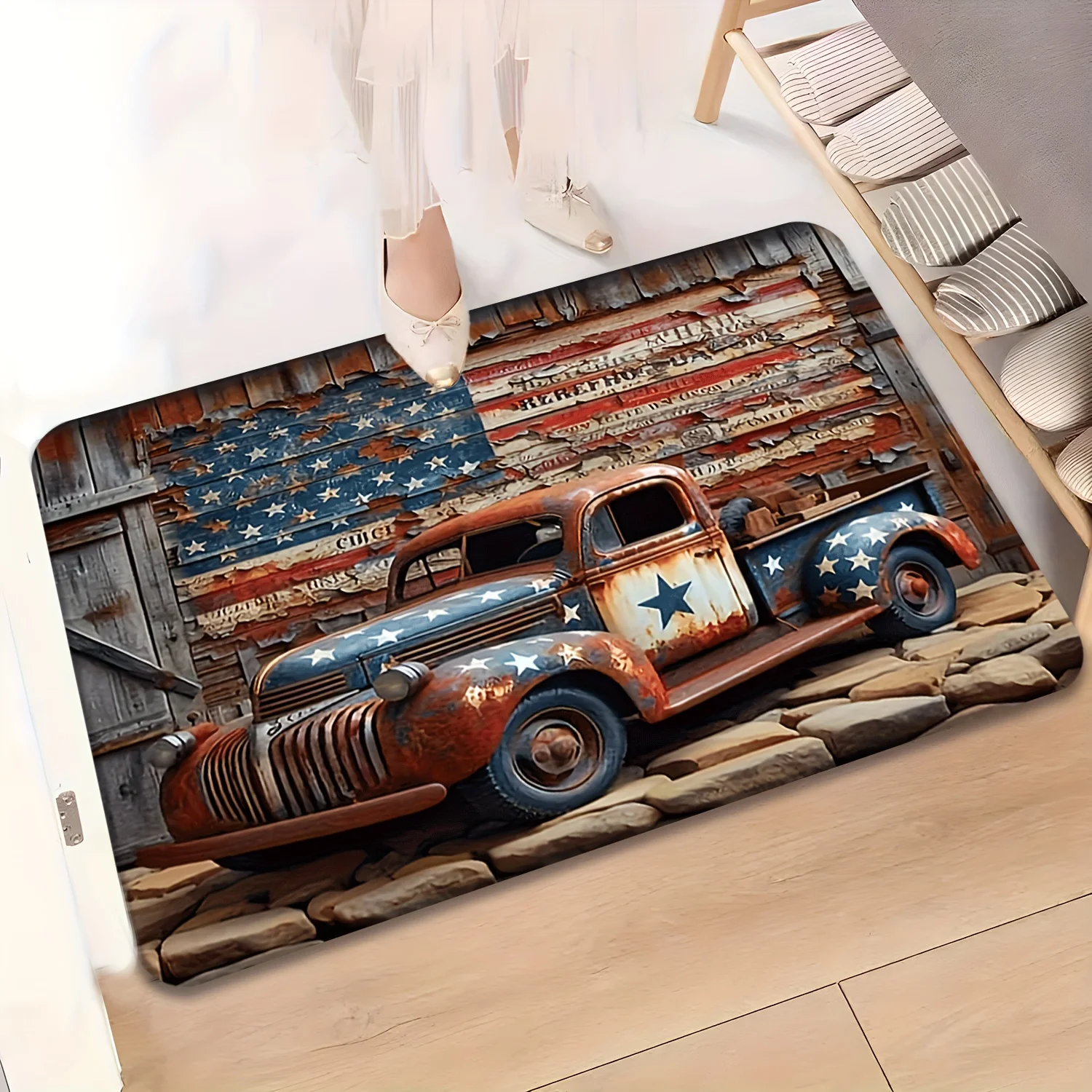 1pc 2D Flat Vintage American Flag Rusty Truck Wood Texture Flannel Door Mat Non Slip Patriotic Rug For Entryway Garage Floor