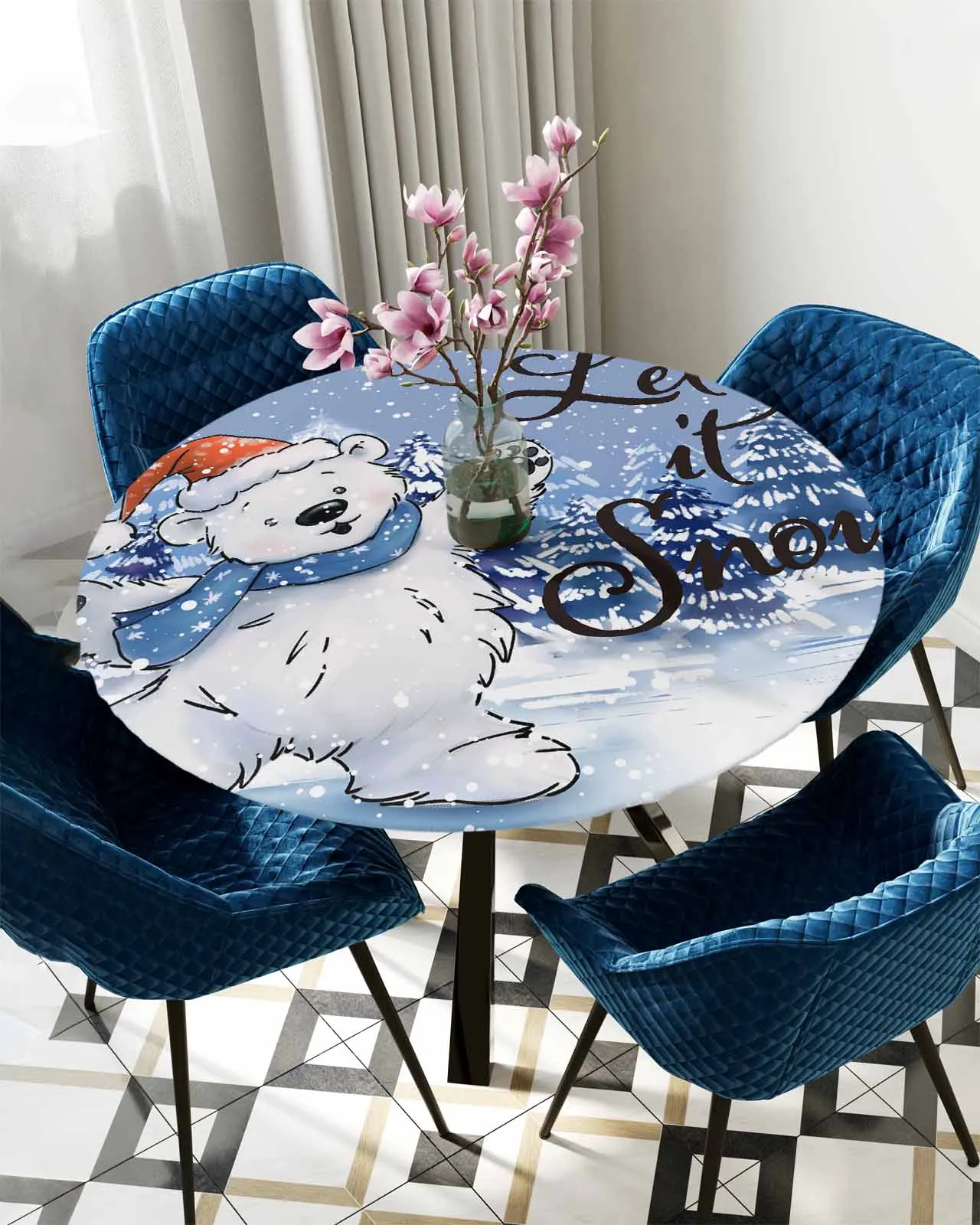 Bear Christmas Snowflakes Round Elastic Edged Table Cover Protector Cloth Waterproof Fitted Tablecloth