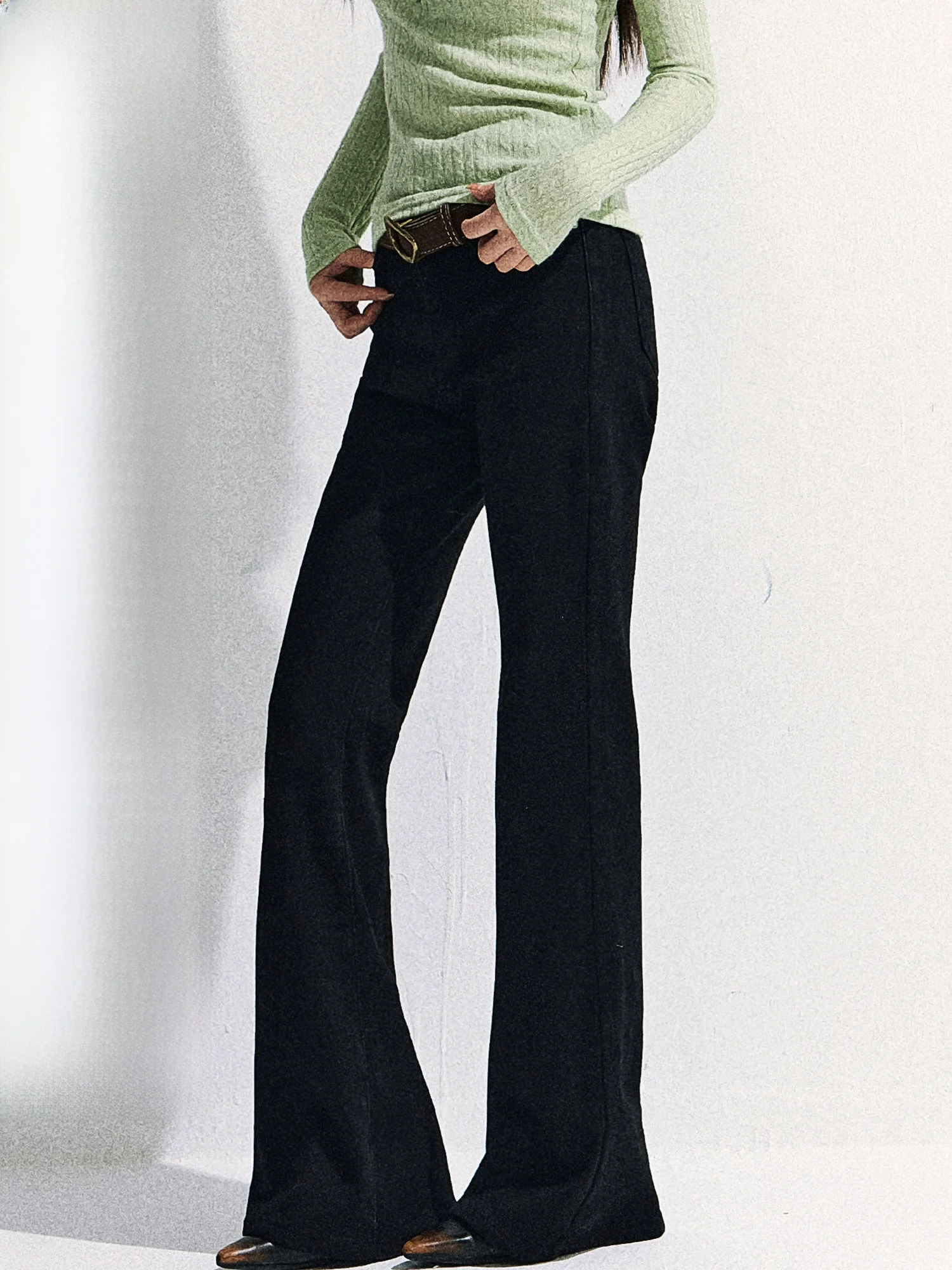 

Thiened Fce High Waist Bell Bot Jeans Women's Autumn Winter Slim Fit Casual Pants Bla Commute Sle High Elastici