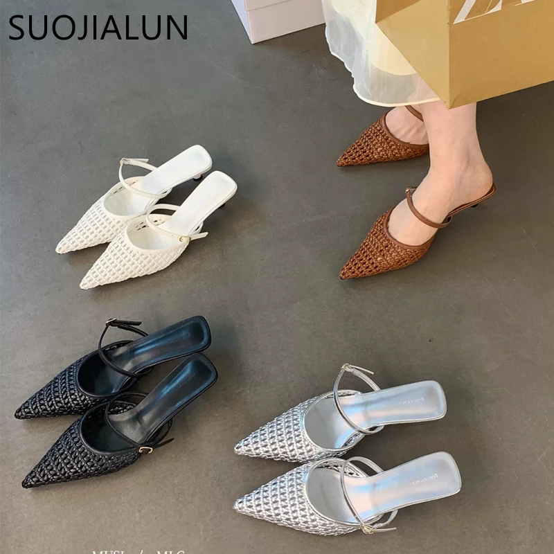 

SUOJIALUN 2025 New Brand Women Slipper Fashion Weave Pointed Toe Slip On Ladies Mules Shoes Thin Low Heel Outdoor Dress Sandals