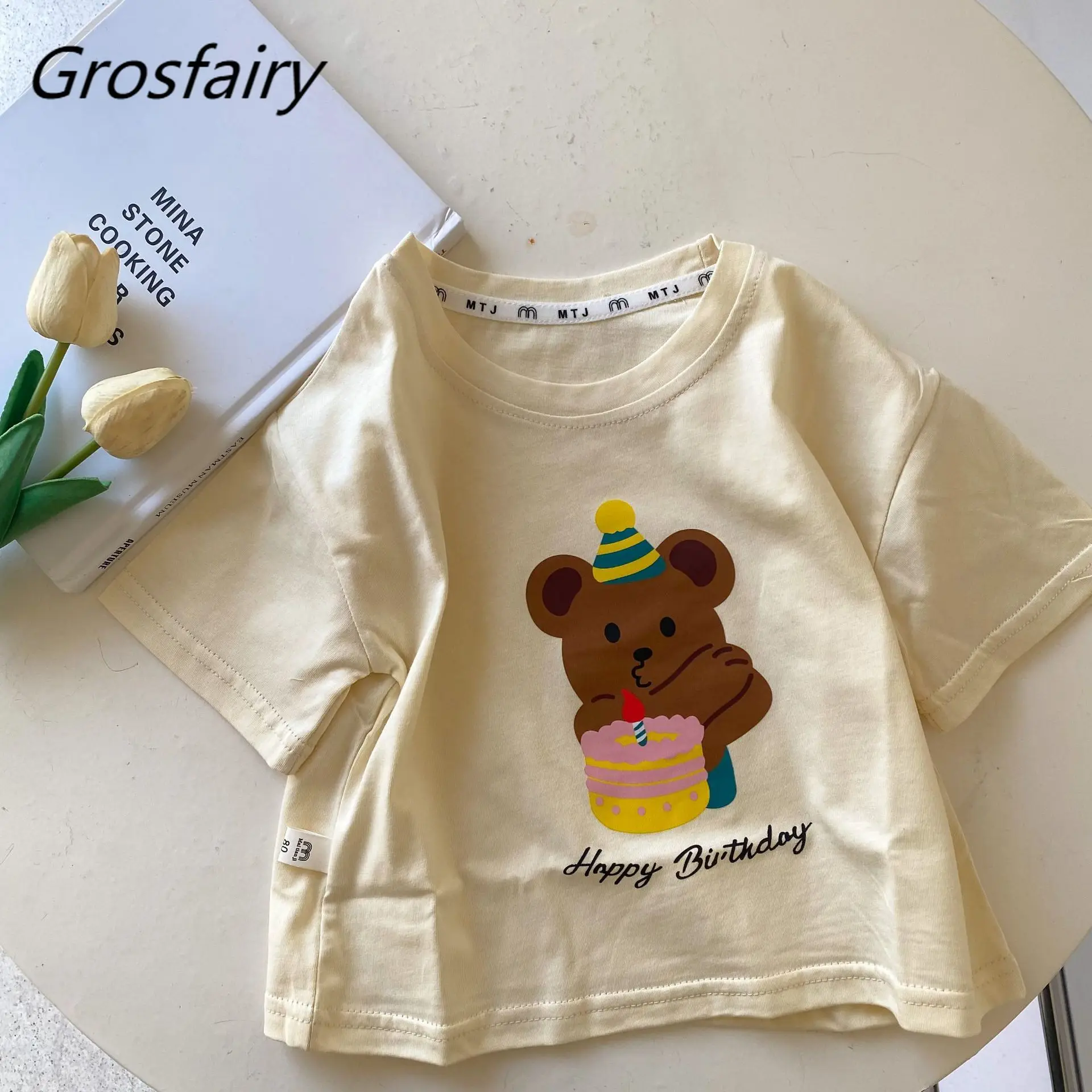 

Grosfairy Children's T-shirt 2022 Summer New Girl's Short-sleeved Boy Cartoon Bear Tees