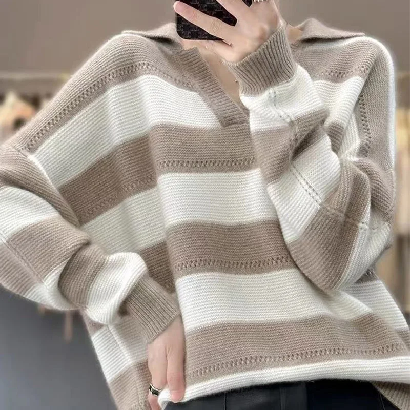 Autumn Winter New Loose All-match Fashion Striped Pullovers Women Clothing Casual Polo-neck Knit Thick Sweaters Office Lady Top