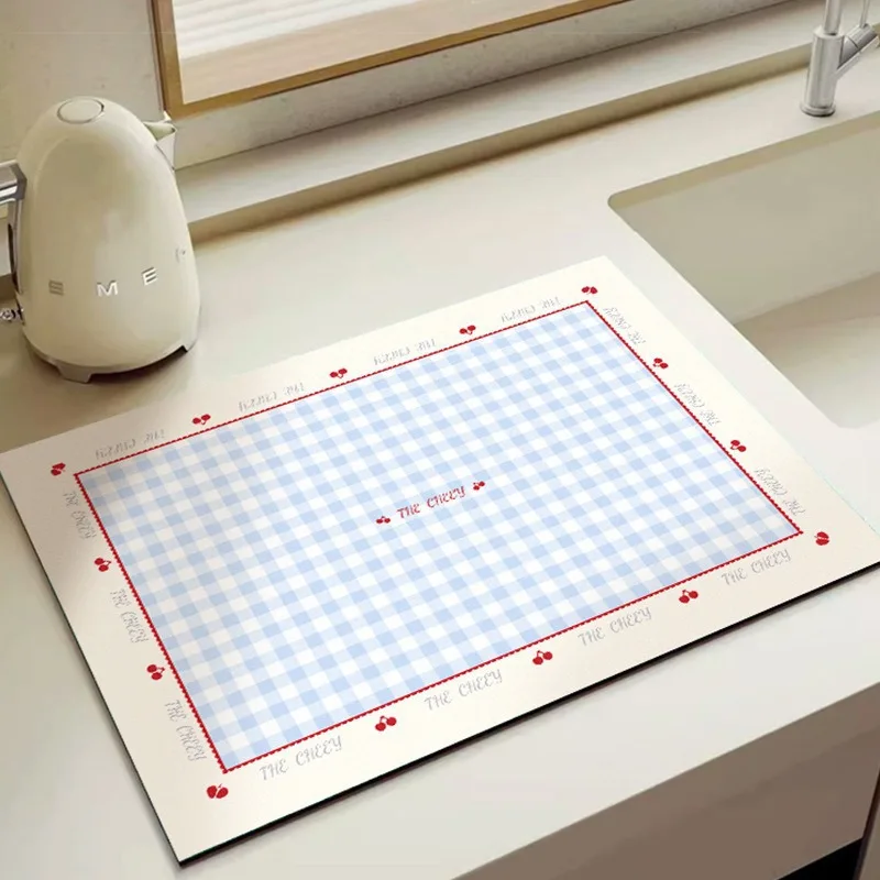 Blue Gingham Cherry Printed Kitchen Sink Mat Non Slip Absorbent Dish Drying Pad Red Heart Border Cute Kawaii Design Easy Clean