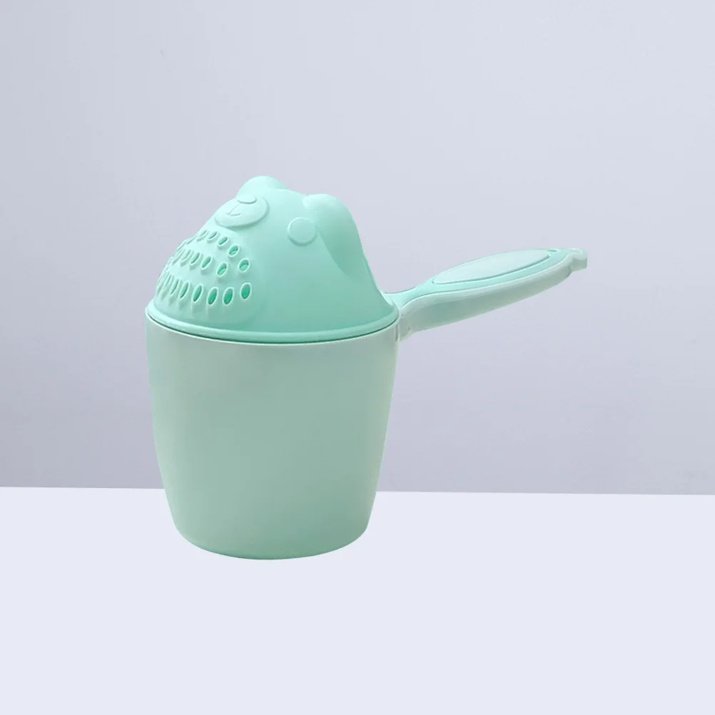 Taza de champú para bebé, diseño de oso de dibujos animados verde, plástico duradero, mango cómodo, enjuague el cabello, protege los ojos, baño, agua