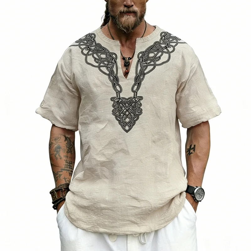Men's Single-Linen Celtic Knot Tribal Pattern Print V-Neck T-Shirt for Casual Holiday Daily Beach Wear
