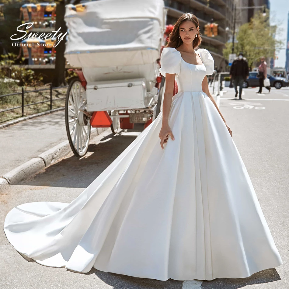 Elegant Wedding Dress Organza With Satin Princess Ball Gown Square Collar Puff Sleeves Bride Zipper Customized Vestido De Novia