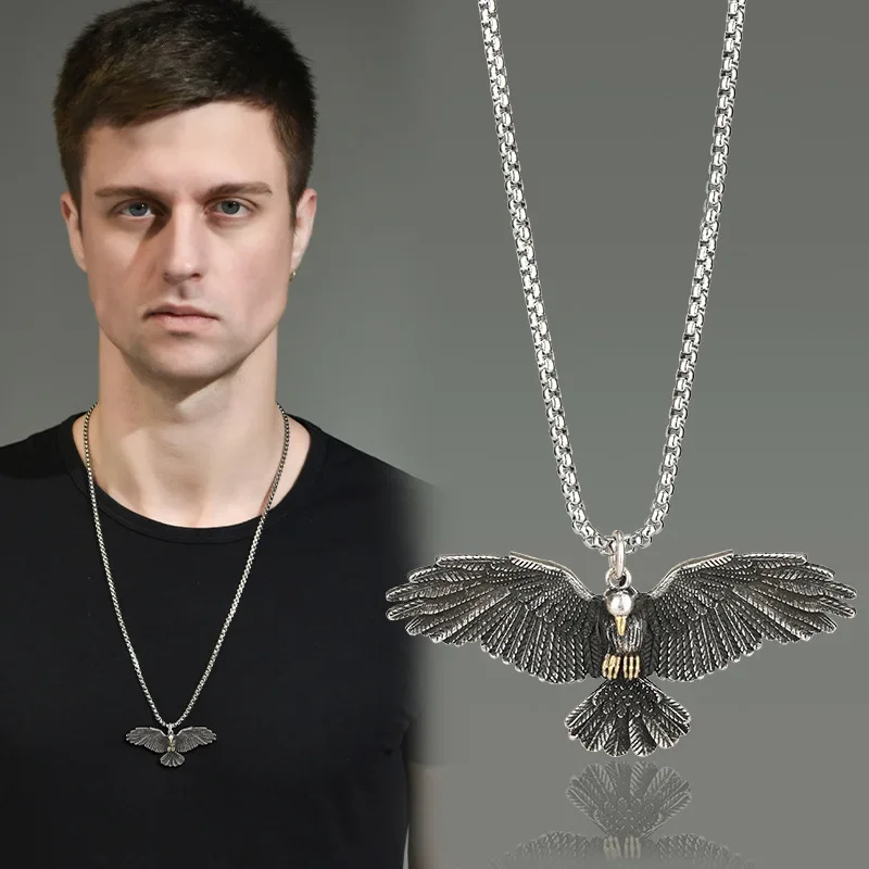 Vintage Punk Style Falcon Necklace Eagle Wings Pendant Necklace Male Trendy Hip Hop Stainless Steel Chain Necklace Jewelry