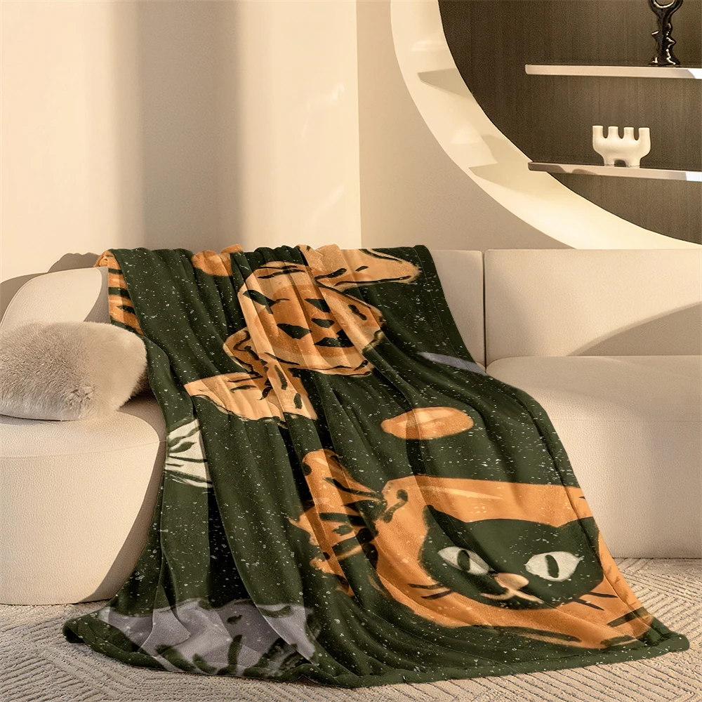 Halloween Candy Cat Pumpkin Flannel Fleece Throw Blanket for Couch Sofa Lightweight Cozy Plush Blanket for Travel Office Nap