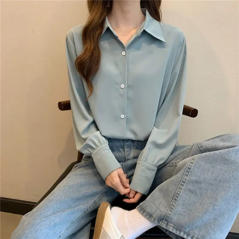 Women Chiffon White Shirt Korean Fashion Solid Streetwear Loose Long Sleeve Blouse Office Ladyturn-Down Collar Simple Casual Top