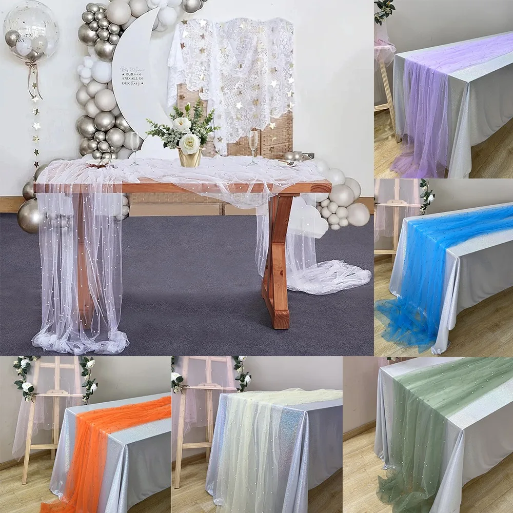 

1pc Pearl Thin Gauze Table Runner Wedding Arch Decoration Veil Tablecloth Bride's Birthday Party Tablecloth Bapteme Decoration