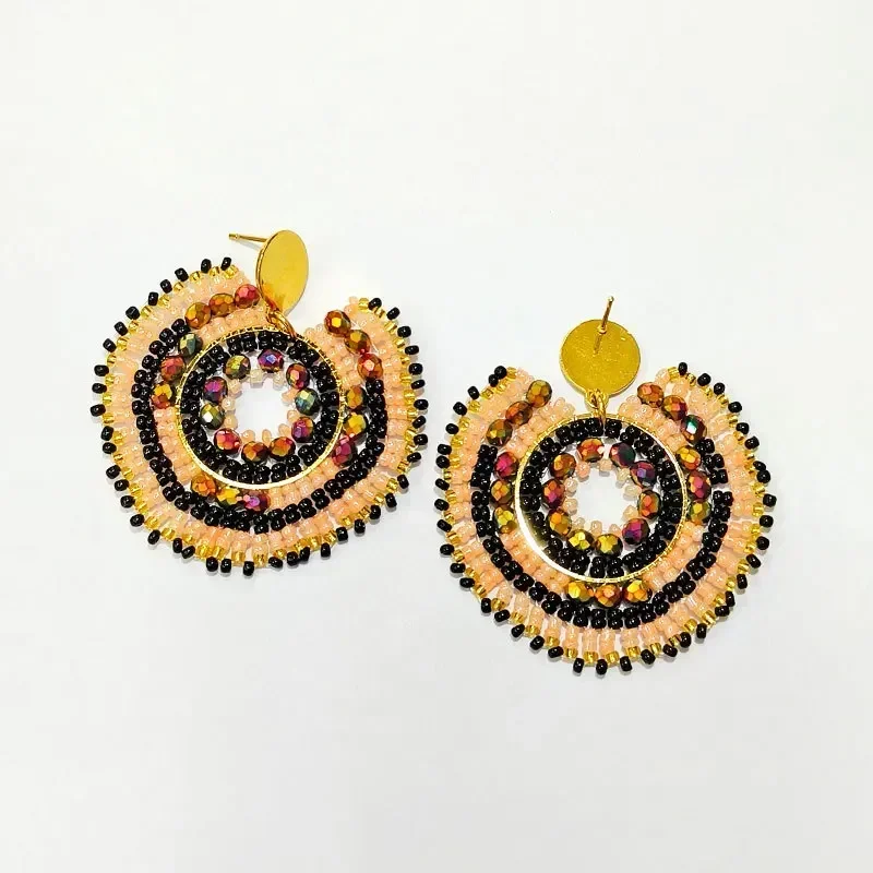 ZGMXR Rice bead earrings Crystal Roundness Hollow out Originality Tide Hand knitting Bohemia Alloy Versatile Beaded earrings