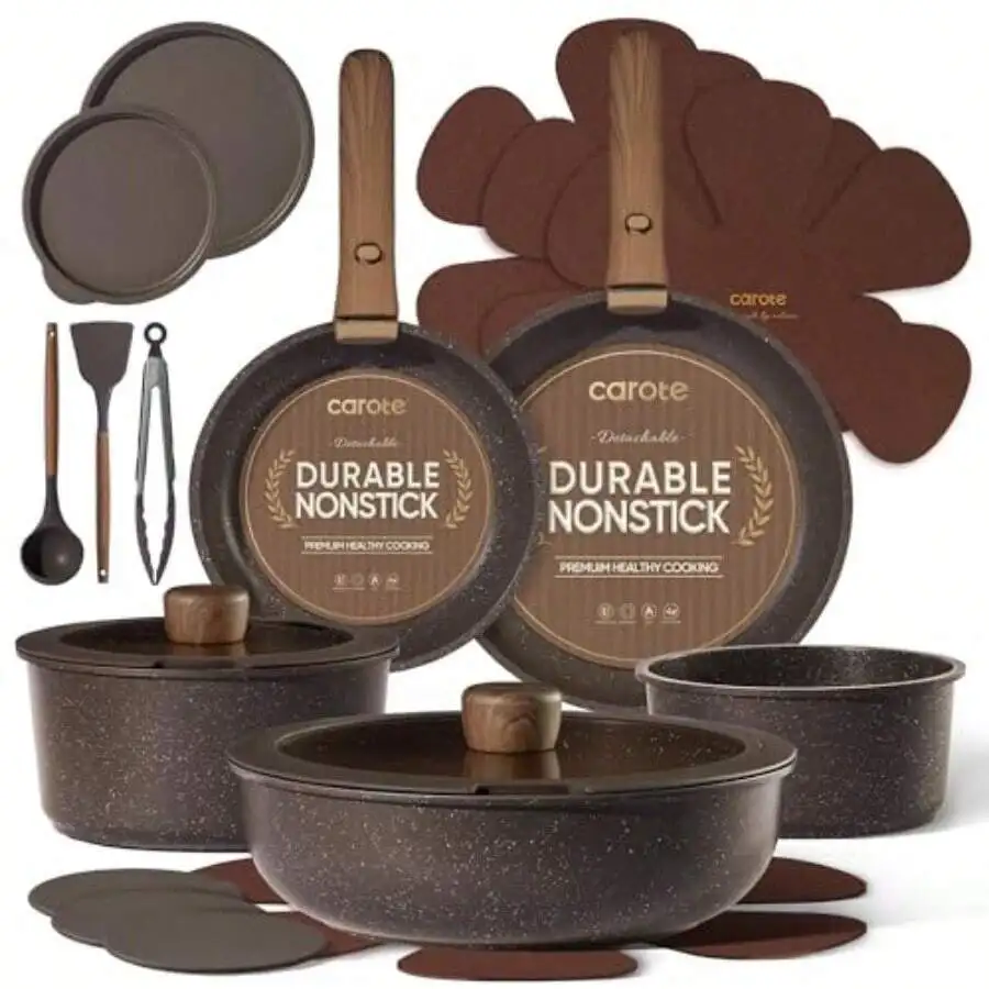 21pcs Pots And Pans Set Non Stick, Detachable Handle Cookware Ultra Nonstick, Space Saving, Dishwasher And Oven , Kitchen/Apartm
