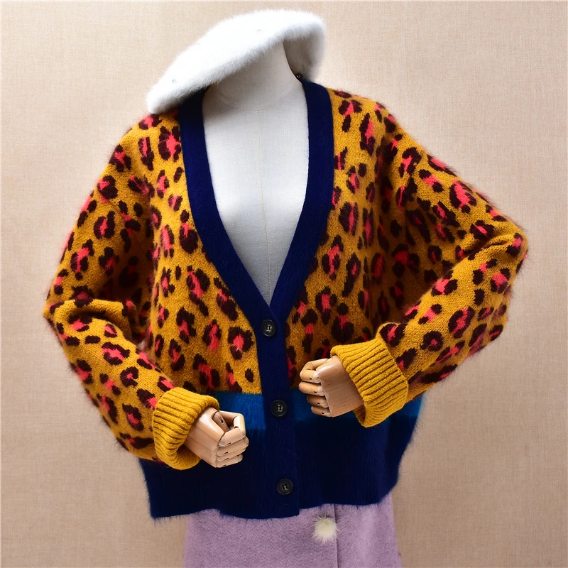 

Ladies Women Autumn Winter Clothing Leopard Print Angora Rabbit Hair Knitted V-Neck Long Sleeves Loose Cardigans Sweater Jacket