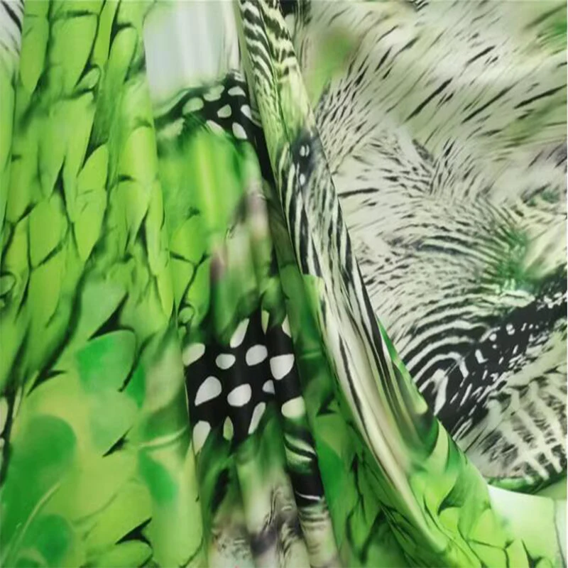 Good,4 Side Elastic Milk Silk Knit Cheongsam Fabric,Green Bottom Leaf Feather Large Flower Printing,DIY,Sewing,Dress/Clothing