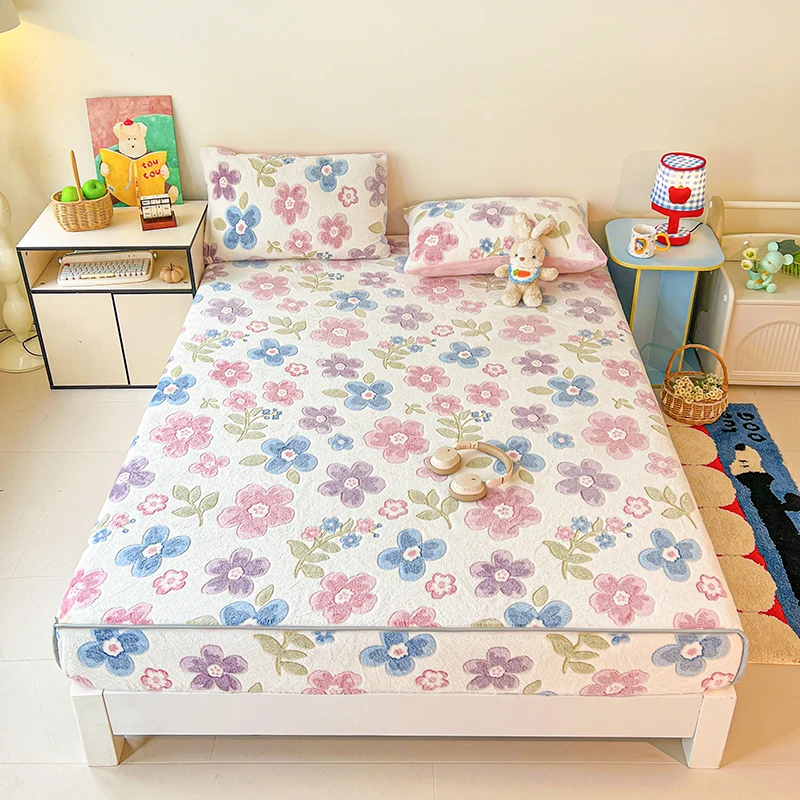 1pc Velvet Bed Cover Flower Printed cubre colchón Warm Bedspread for Home Mattress Protector Thickened 매트리스 커버(No Pillowcase)