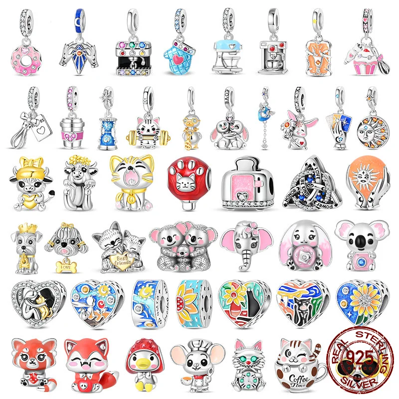 Pulsera de Plata de Ley 925 con Abalorios de Animales (Dumbo, Zorro, Koala), Cámara, Donut, Taza de Café, Colgante de Dopamina, Joyería DIY, Regalo para Mujer