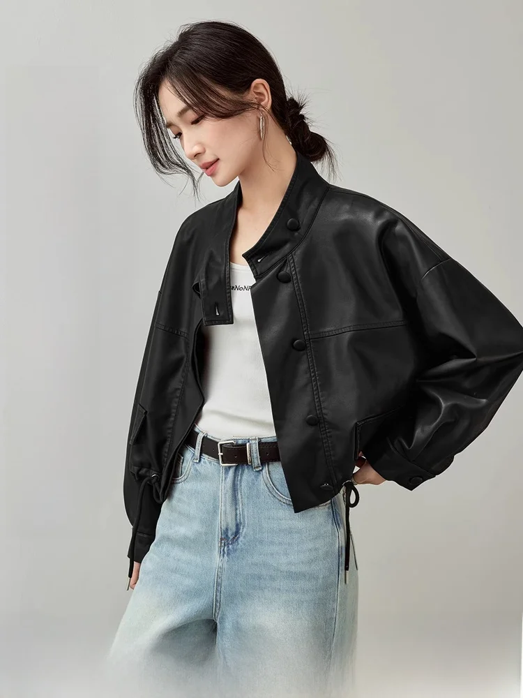 

Loose PU Leather Jaet Women's Casual Motorcycle Sle Long Sve Batwing Sve Stand Collar ort Length Spring 2026