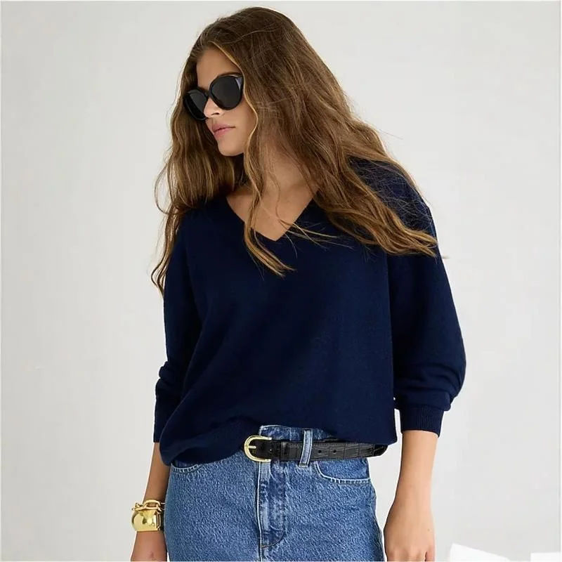 

Deep Blue Women's Knitted Long Sve V-Ne Cotton Sweater Simple Sle Autumn Winter Top Quali Material Regular Thin