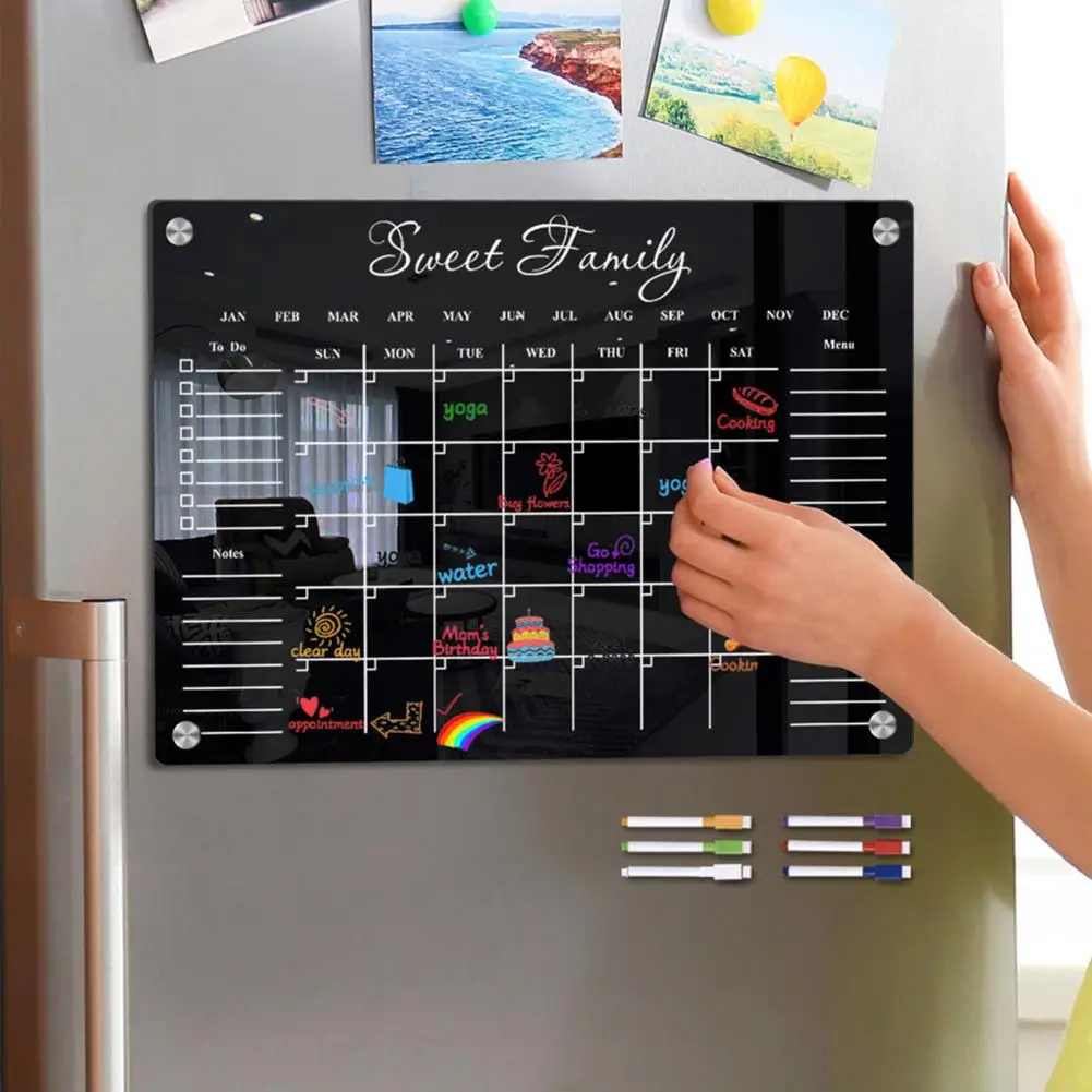 กระดานไวท์บอร์ดกระดานไวท์บอร์ดแม่เหล็กพร้อมแม่เหล็กติดตู้เย็นรายสัปดาห์สีดำปฏิทินสีดำ