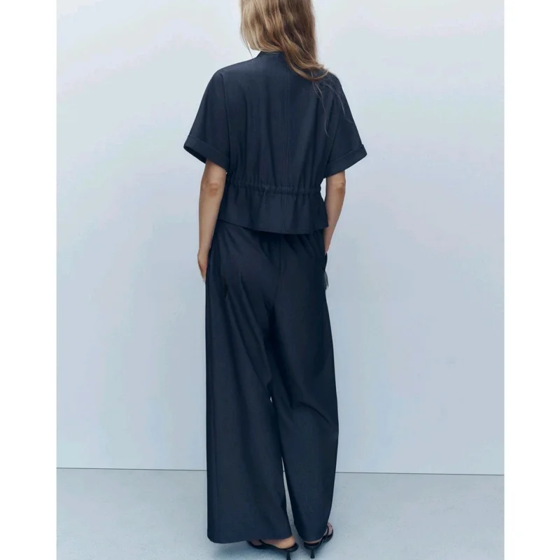 

High Collar ort Sve irt with Decoration Sle Casual Pleated High Waist Long Pants Two Piece Set Summer Faion...