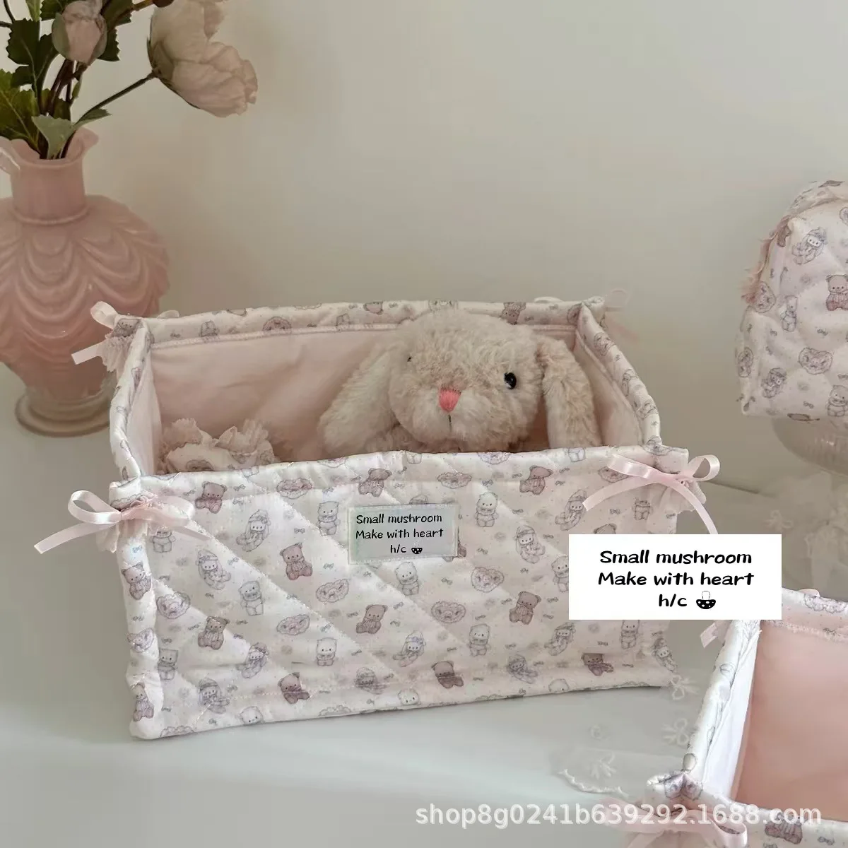 حالمة فتاة مستطيلة الساتان سلة التخزين منظم سطح المكتب سلة التخزين الدب الوردي ديكور المنزل أساسيات السفر