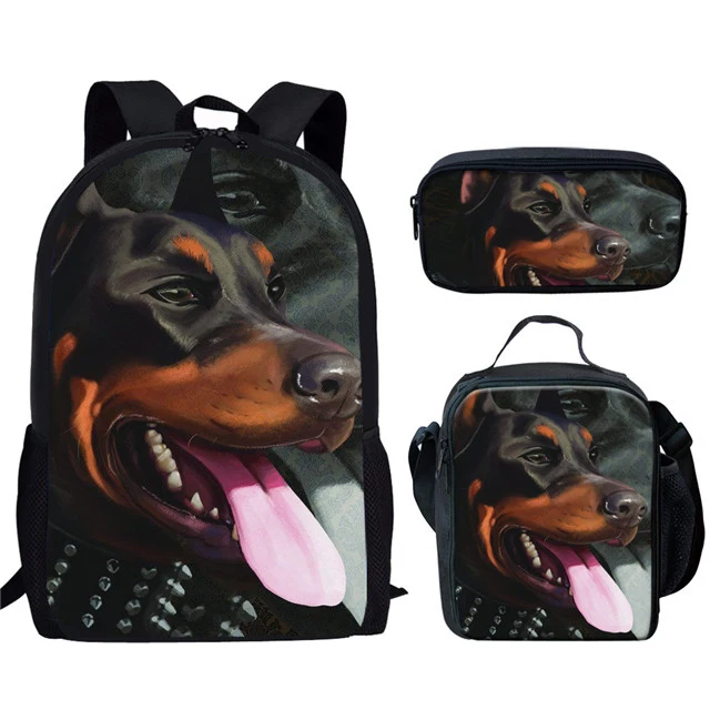 Tas sekolah motif anjing 3 Pcs/Set untuk anak laki-laki perempuan Rottweiler Doberman Labrador tas ransel anak-anak tas buku dengan tas makan siang tas pensil