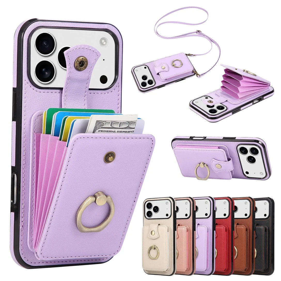 

Trendy Crossbody Leather Card Holder Wallet Case For iPhone 11 12 13 14 15 16 17 Pro Max Plus Purse Shell Phone Cover Ring Stand