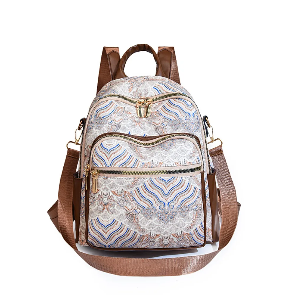 

Large Capacity Women Casual Backpack Pu Top Handle Ethnic Style Shoulder Bag Embroidery Printed Daypack Mini Travel Backpack