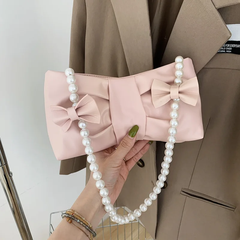 Fashion bow pleated shoulder armpit bag pearl chain messenger bag