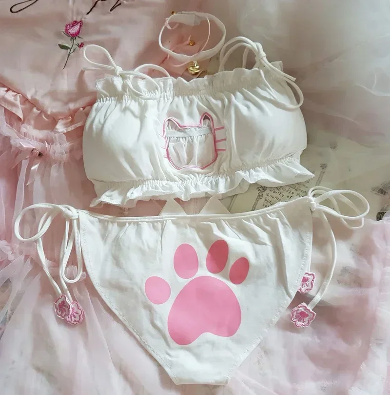 Anime Lolita Kitty Cat Girl Cosplay Women Sexy Lingerie Set Kawaii Uniform Underwear Hollow Out Bra Panty Neck Ring Nightwear