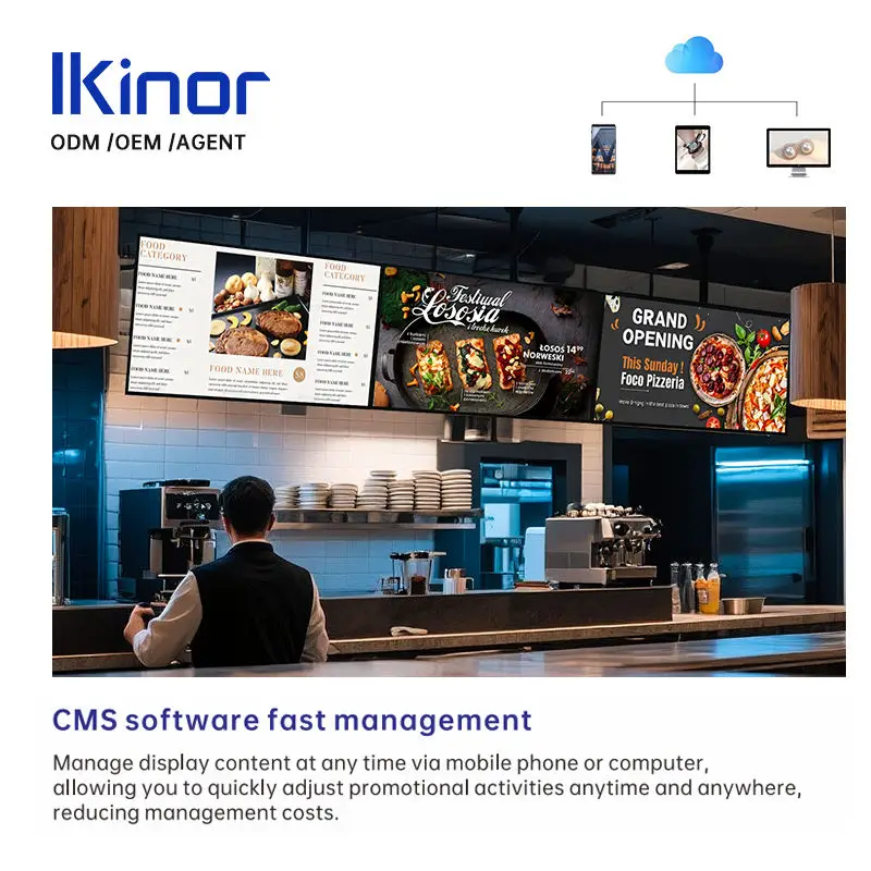 55 65 Inch Wall Mounted Window Display 10mm Narrow Bezel Hanging Restaurant Wifi Network Menu Board