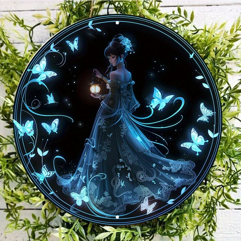 Butterfly Women Night Sky Theme Aluminum Metal Sign Wall Decor Round, Waterproof A & Weather-Resistant, Outdoor and Indoor Decor