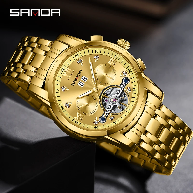 

SANDA Men Watch Luxury Gold Tourbillon Mechanical Watch Luminous Waterproof Fashion Business Watch For Men Clock Reloj Hombre