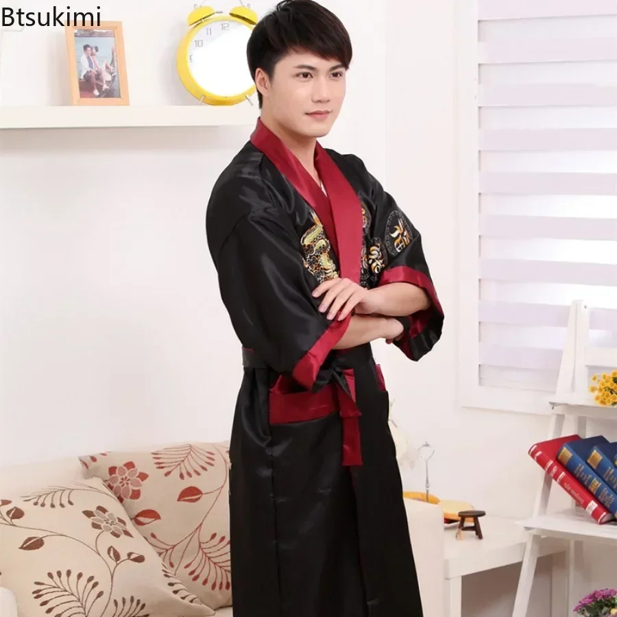 2025 New Couple Tang Suit Embroider Pajama Robes Men's Chinese Style Dragon Robe Home Clothes Men Satin Kimono Bathrobe One Size