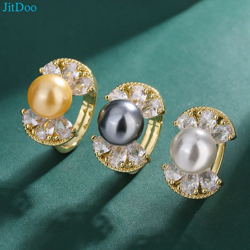 JitDoo Luxury Big Natural Fritillary Pearl Ring With Bright CZ Stone Crystal Women Wedding Ring Boho Vintage Jewelry Bijoux