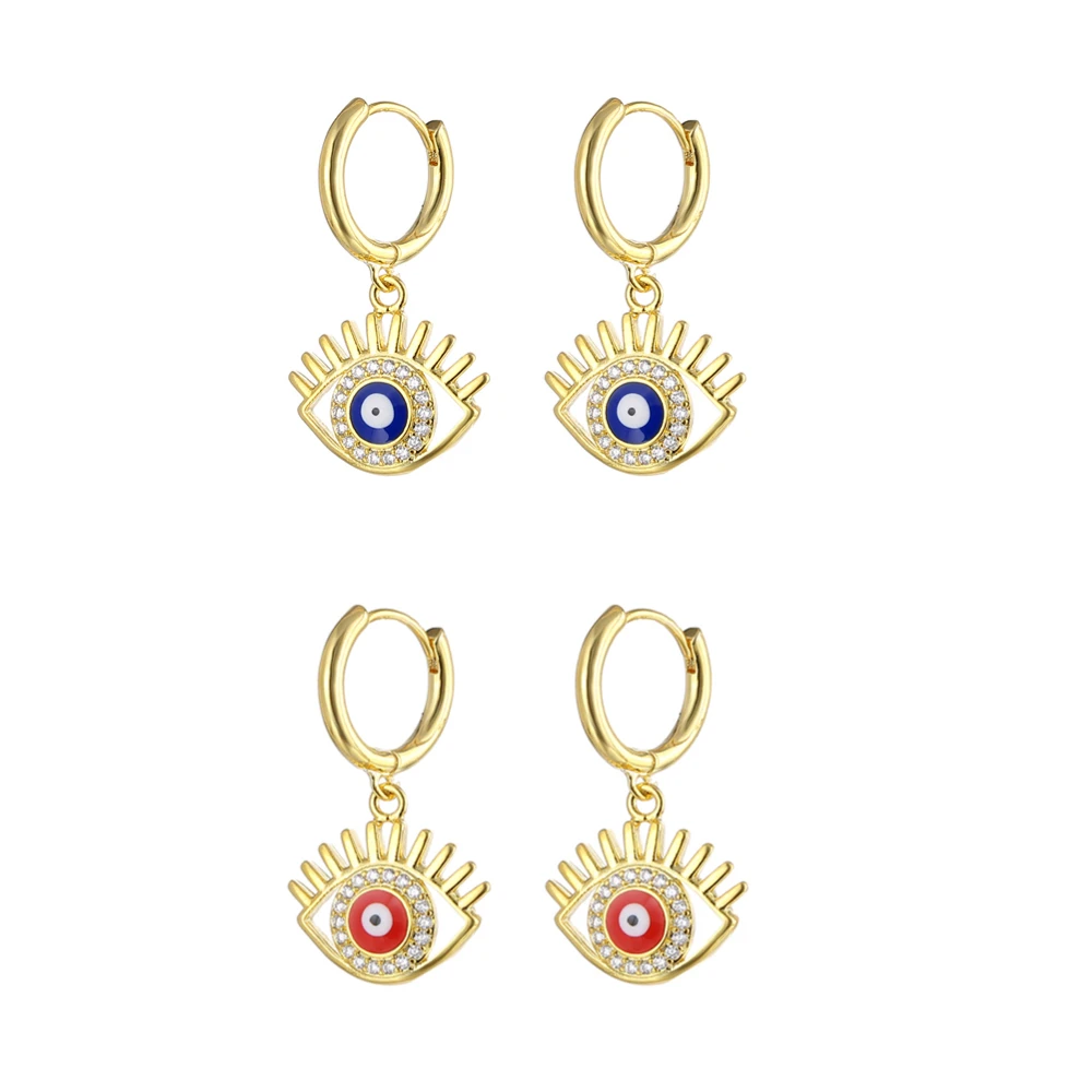 Wholesale Copper Gold Color CZ Zircona Hoops Evil Eye Earrings for Women Enamel Blue Red Huggie Earrings Lucky Turkish Jewelry