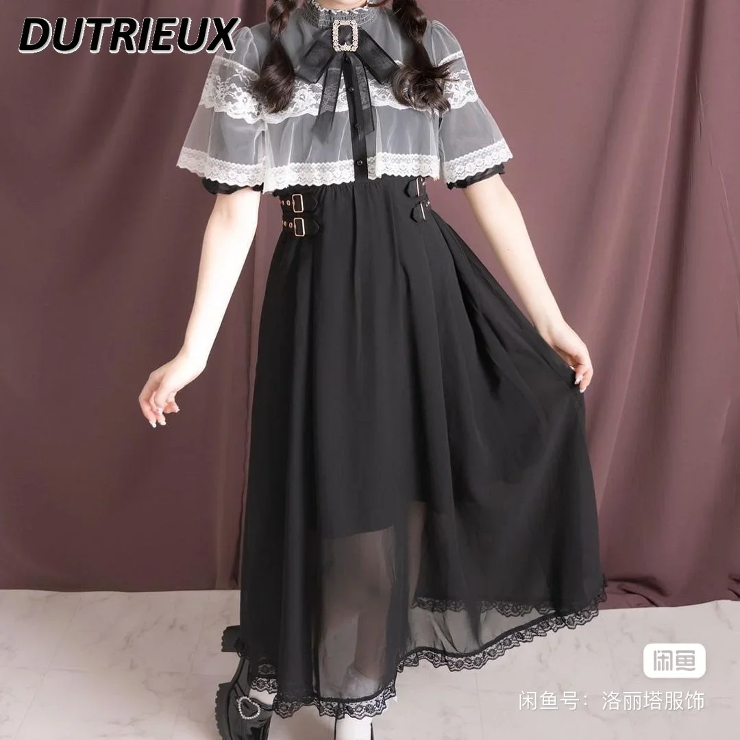 

Japanese Rojita Dress for Women's Cloak Mesh Big Bow Lace Elegant Stitching Short Sleeve Dress High-Grade Black Lolita Dresses