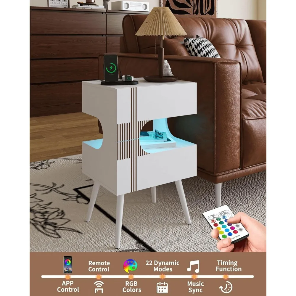 충전 스테이션이 있고 LED 조명이 있는 흰색 침대 옆 탁자, 수납 서랍 2개가 있는 현대적인 침대 옆 탁자, 단단한 나무 다리가 있는 나이트 스탠드