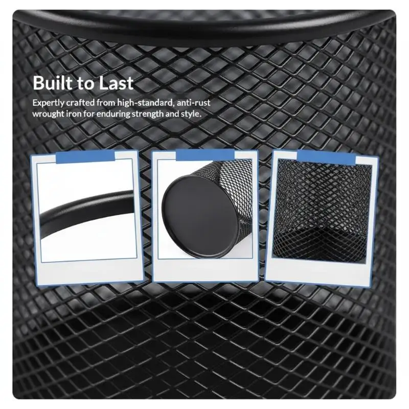 Metal Mesh Pen Holder Black Desktop Stationery Holder Rustproof Square Round Shape for Home Office Desk Organization