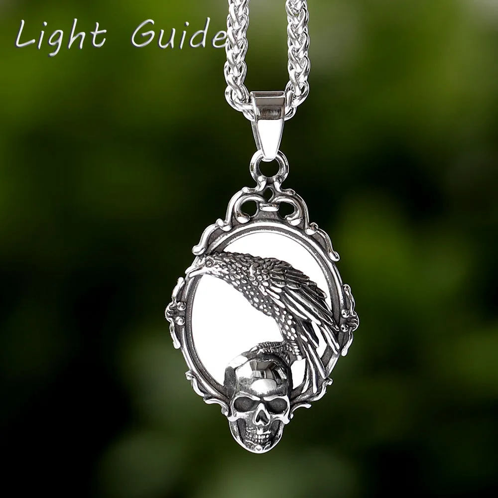 2024 NEUE Gothic Edelstahl Mode Schädel Kopf Mit Krähe Anhänger Halskette Männer Frauen Spiegel Charme Weihnachten Schmuck