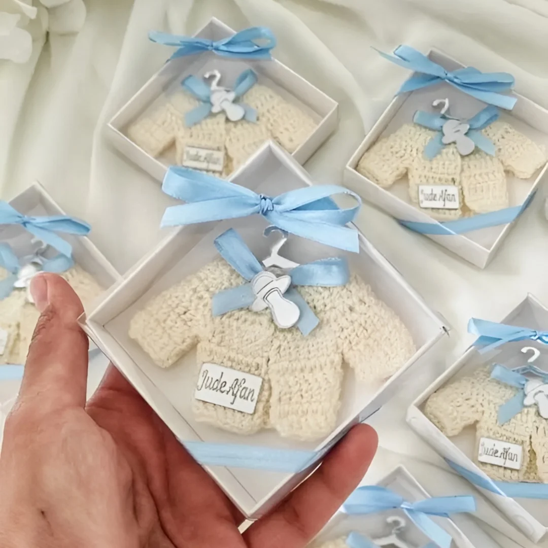 Personalized New Born Miniature Crochet Jacket Magnet Baby Boy Favors First Birthday Party Gifts First Communion