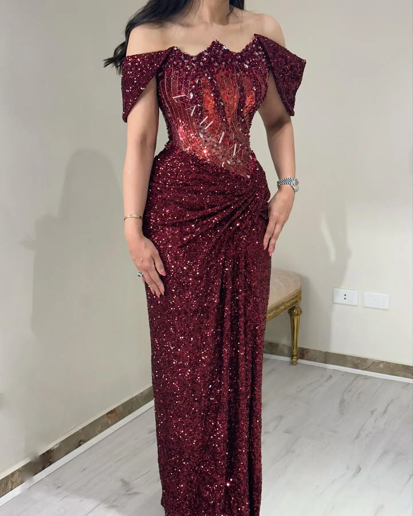 

Wine Red Off the Shoulder Sparkly Sequin Prom Dresses Long for Women 2025 Corset Beading Sheath Formal Evening Gowns