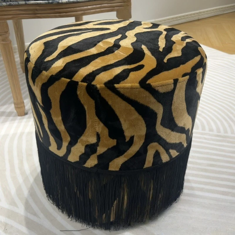 French retro cloakroom shoe changing stool leopard print fringed round dressing stool