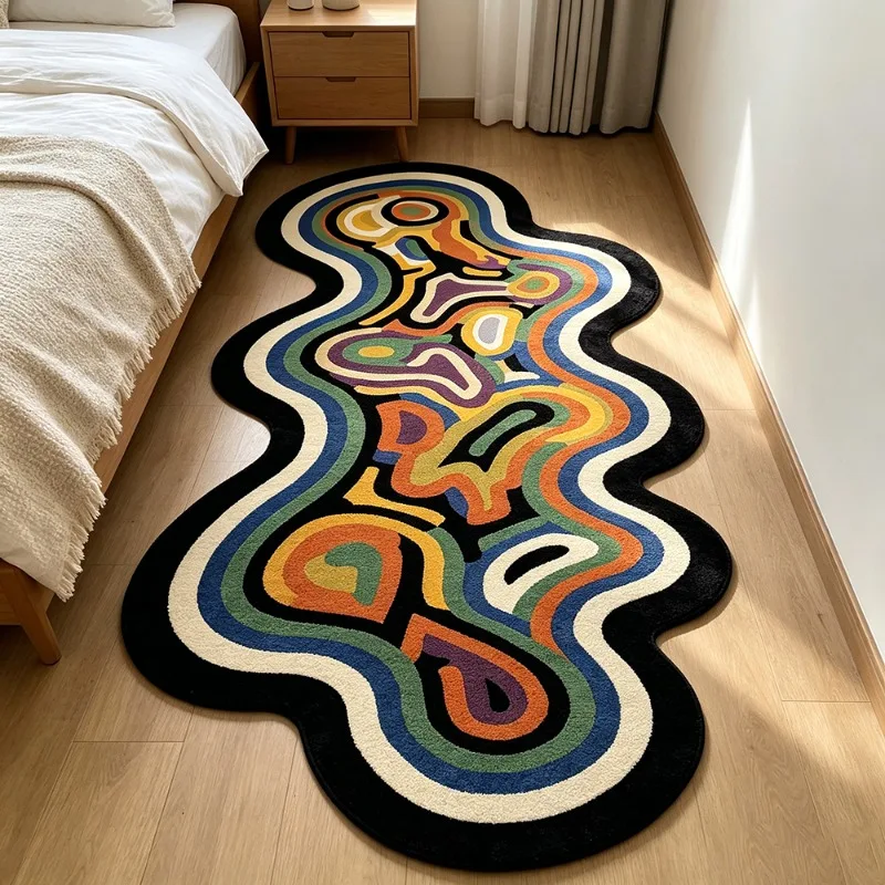 Creative Irregular Wavy Pattern Rug Art Color Blocking Fluid Bedroom Bedside Soft Plush Floor Mat Home Decor Living Room Carpet